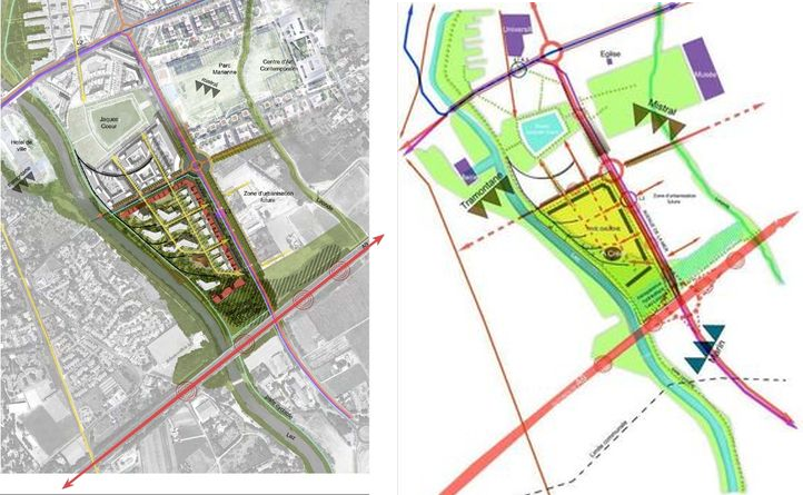 (gauche) Plan masse - (droite) Synthèse des enjeux, 2009 (source : Pierre Tourre architecte urbaniste, TRIBU, Marc Richier paysagiste)